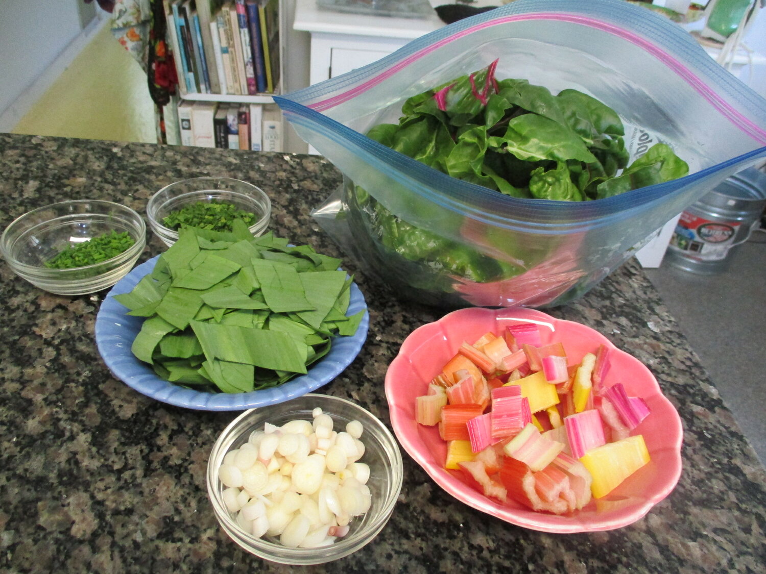 Mise en place for sauté of Swiss chard and ramps